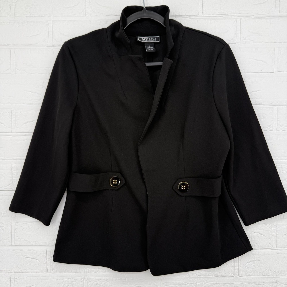 NYCC Blazer Womens Size M Black Mock Neck 3/4 Sleeve Button Detail Jacket